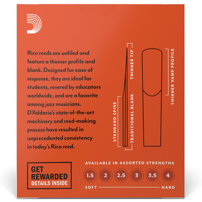 Rico by D'Addario Bb Clarinet Reeds, Strength 2, 10-Pack