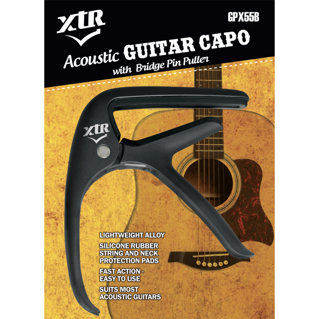 Acoustic Electric Guitar Capo XTR Curved Black Trigger Style w/ Bridge Pin Puller GPX55B