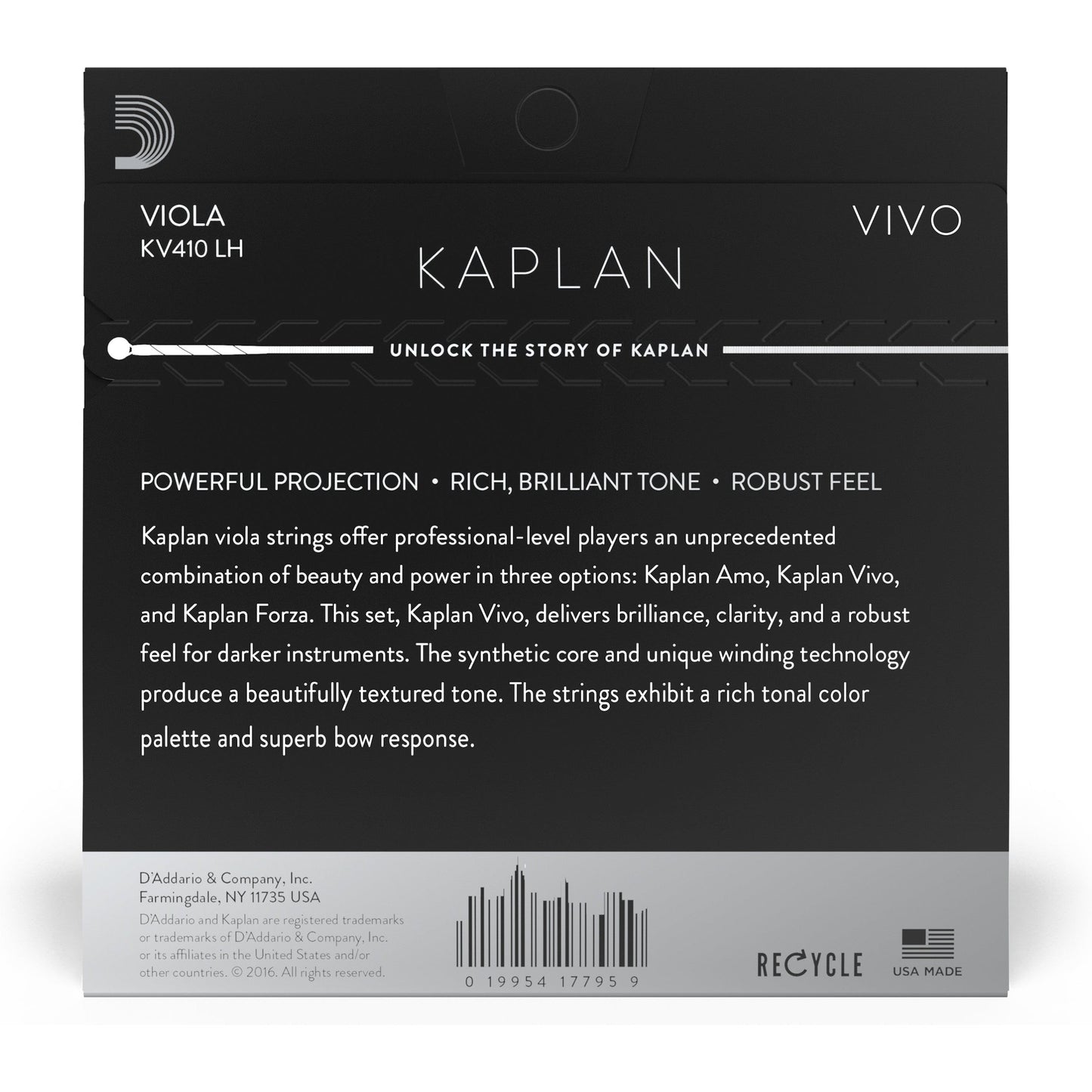 D'Addario Kaplan Vivo Viola String Set, Long Scale, Heavy Tension