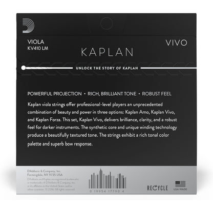 D'Addario Kaplan Vivo Viola String Set, Long Scale, Medium Tension