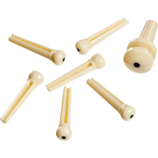 D'Addario Injected Molded Bridge Pins with End Pin, Set of 7, Ivory with Ebony Dot